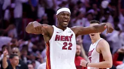 Jimmy Butler #22 of the Miami Heat reacts during the fourth quarter against the Milwaukee Bucks in Game Four of the Eastern Conference