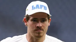 Justin Herbert #10 of the Los Angeles Chargers warms up prior to a game against the Houston Texans during the AFC Wild Card Playoffs at NRG Stadium on January 11, 2025 in Houston, Texas.