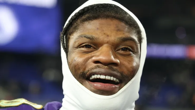 Lamar Jackson #8 of the Baltimore Ravens looks on after the game against the Pittsburgh Steelers of the AFC Wild Card Playoff at M&T Bank Stadium on January 11, 2025 in Baltimore, Maryland.