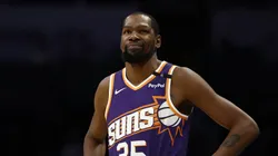 Kevin Durant #35 of the Phoenix Suns reacts during the second half of the game against the Charlotte Hornets at Spectrum Center on January 07, 2025 in Charlotte, North Carolina.