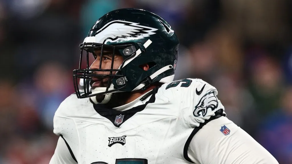 Marlon Tuipulotu #95 of the Philadelphia Eagles looks on during the second half in the game against the New York Giants at MetLife Stadium on January 07, 2024 in East Rutherford, New Jersey.