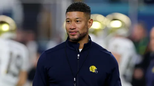 Head coach Marcus Freeman of the Notre Dame Fighting Irish looks on prior to the Capital One Orange Bowl against the Penn State Nittany Lions at Hard Rock Stadium on January 09, 2025 in Miami Gardens, Florida.
