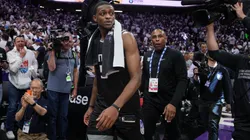 De'Aaron Fox #5 of the Sacramento Kings walks off the court after defeating the Golden State Warriors in Game One of the Western Conference First Round Playoffs at the Golden 1 Center on April 15, 2023 in Sacramento, California.