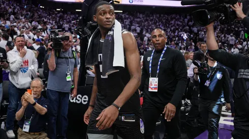 De'Aaron Fox #5 of the Sacramento Kings walks off the court after defeating the Golden State Warriors in Game One of the Western Conference First Round Playoffs at the Golden 1 Center on April 15, 2023 in Sacramento, California.