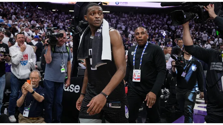 De'Aaron Fox #5 of the Sacramento Kings walks off the court after defeating the Golden State Warriors in Game One of the Western Conference First Round Playoffs at the Golden 1 Center on April 15, 2023 in Sacramento, California.