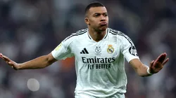Kylian Mbappe of Real Madrid celebrates scoring his team's first goal during the Spanish Super Cup Final between Real Madrid and FC Barcelona at King Abdullah Sports City on January 12, 2025 in Jeddah, Saudi Arabia.