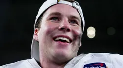 Riley Leonard #13 of the Notre Dame Fighting Irish reacts after defeating the Penn State Nittany Lions 27-24 in the Capital One Orange Bowl at Hard Rock Stadium on January 09, 2025 in Miami Gardens, Florida.