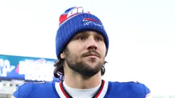 Josh Allen #17 of the Buffalo Bills walks off the field after defeating the Denver Broncos 31-7 during the AFC Wild Card Playoffs at Highmark Stadium on January 12, 2025 in Orchard Park, New York.