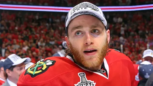 Patrick Kane #88 of the Chicago Blackhawks celebrates after defeating the Tampa Bay Lightning by a score of 2-0 in Game Six to win the 2015 NHL Stanley Cup Final at the United Center on June 15, 2015 in Chicago, Illinois.
