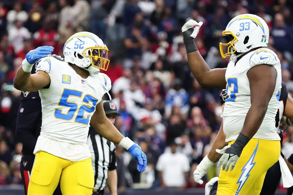 Khalil Mack #52 and Otito Ogbonnia #93 of the Los Angeles Chargers