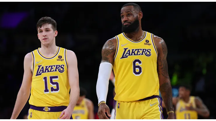 LeBron James #6 and Austin Reaves #15 of the Los Angeles Lakers.