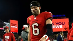 Baker Mayfield #6 of the Tampa Bay Buccaneers walks off the field after being defeated by the Washington Commanders in the NFC Wild Card Playoff at Raymond James Stadium on January 12, 2025 in Tampa, Florida.