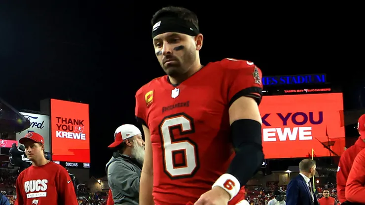 Baker Mayfield #6 of the Tampa Bay Buccaneers walks off the field after being defeated by the Washington Commanders in the NFC Wild Card Playoff at Raymond James Stadium on January 12, 2025 in Tampa, Florida.