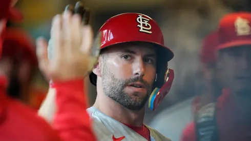 Paul Goldschmidt #46 of the St. Louis Cardinals celebrates in the dugout after scoring a run in the first inning against the Milwaukee Brewers at American Family Field on September 04, 2024 in Milwaukee, Wisconsin.