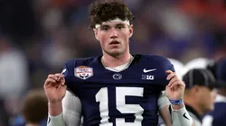 Quarterback Drew Allar #15 of the Penn State Nittany Lions stands on the slideline during the Vrbo Fiesta Bowl against the Boise State Broncos at State Farm Stadium on December 31, 2024 in Glendale, Arizona. The Nittany Lions defeated the Broncos 31-14.
