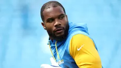Running back J.K. Dobbins #27 of the Los Angeles Chargers warms up prior to the game against the Carolina Panthers at Bank of America Stadium on September 15, 2024 in Charlotte, North Carolina.