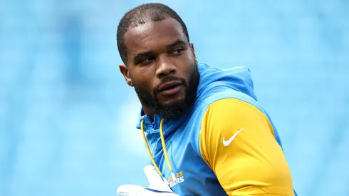 Running back J.K. Dobbins #27 of the Los Angeles Chargers warms up prior to the game against the Carolina Panthers at Bank of America Stadium on September 15, 2024 in Charlotte, North Carolina.