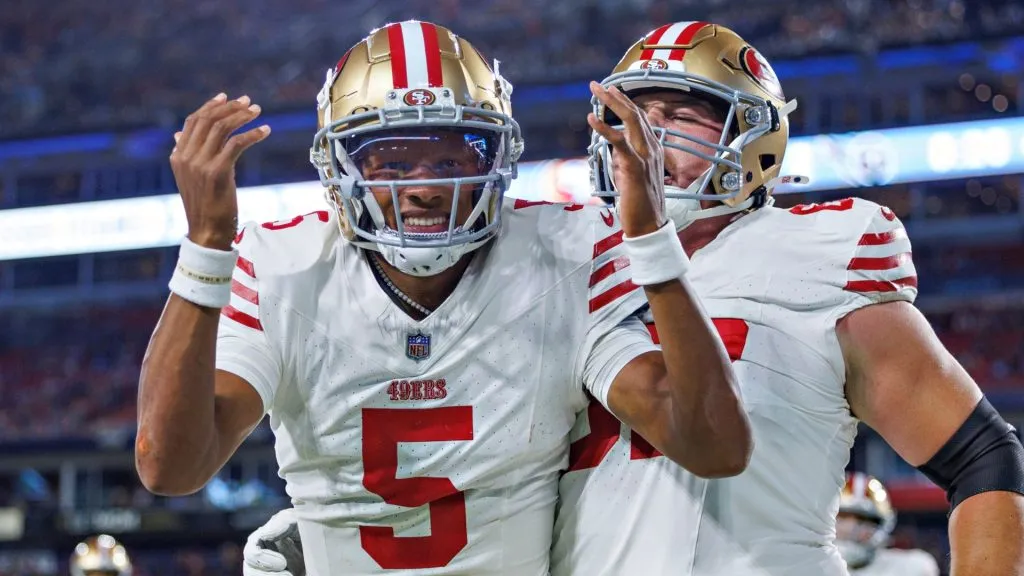 Joshua Dobbs #5 of the San Francisco 49ers celebrates after scoring a touchdown during the second half of the first preseason game against the Tennessee Titans in 2024. (Source: Wesley Hitt/Getty Images)