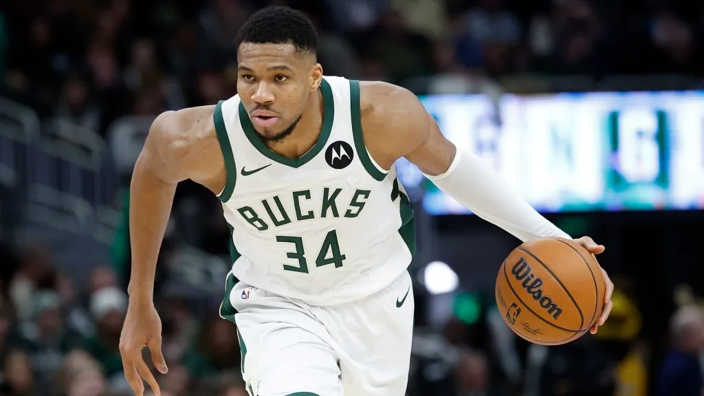Giannis Antetokounmpo #34 of the Milwaukee Bucks drives to the basket during the second half of the game against the Portland Trail Blazers at Fiserv Forum.