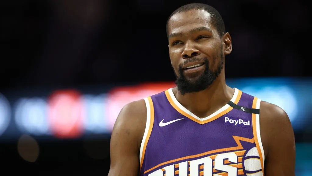 Kevin Durant #35 of the Phoenix Suns reacts following a play during the first half of game against the Charlotte Hornets.