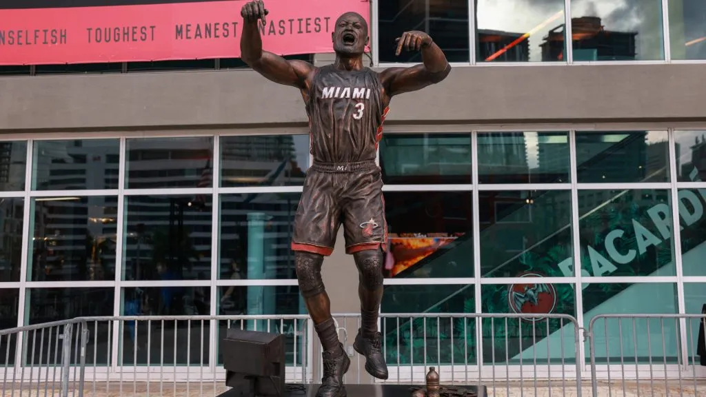 A statue of Dwyane Wade, the first in Heat history outside of the Kaseya Center, was unveiled on October the 27th, honoring his “this is my house” celebration. (Carmen Mandato/Getty Images)