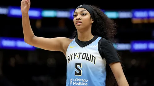 Angel Reese of Chicago Sky looks on during a WNBA match