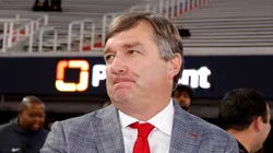 Head coach Kirby Smart of the Georgia Bulldogs shakes hands with fans prior to a game against the Tennessee Volunteers at Sanford Stadium on November 16, 2024 in Athens, Georgia.