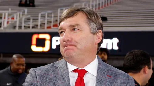 Head coach Kirby Smart of the Georgia Bulldogs shakes hands with fans prior to a game against the Tennessee Volunteers at Sanford Stadium on November 16, 2024 in Athens, Georgia.