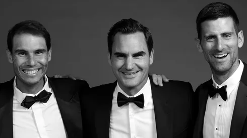 Rafael Nadal, Roger Federer and Novak Djokovic of Team Europe pose for a photograph.