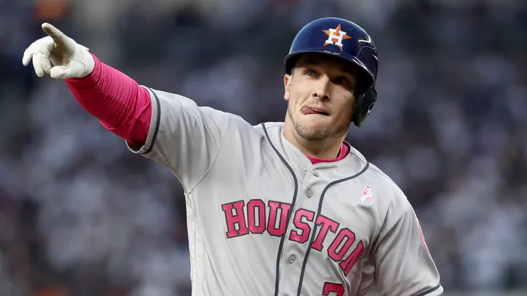 Alex Bregman #2 of the Houston Astros reacts after hitting a grand slam in the frst inning against the New York Yankees in Game 2 on May 14, 2017 at Yankee Stadium in the Bronx borough of New York City.