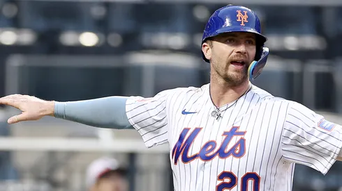 Pete Alonso #20 of the New York Mets reacts after he scored in seventh inning during game one of a double header at Citi Field on September 27, 2023 in the Flushing neighborhood of the Queens borough of New York City.
