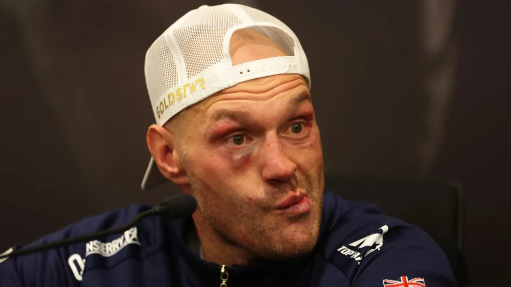 Tyson Fury speaks to the media during a post fight press conference following defeat in the IBF, WBA, WBC, WBO and Undisputed Heavyweight titles’ fight between Tyson Fury and Oleksandr Usyk at Kingdom Arena on May 18, 2024 in Riyadh, Saudi Arabia. (Photo by Richard Pelham/Getty Images)
