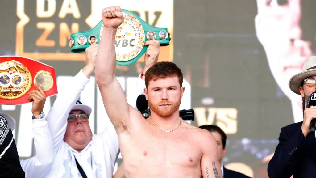 Canelo Alvarez of Mexico poses during their ceremonial weigh-in at Toshiba Plaza on September 16, 2022 in Las Vegas, Nevada. Alvarez will meet Gennadiy Golovkin for their undisputed super middleweight title bout at T-Mobile Arena in Las Vegas on September 17. (Photo by Sarah Stier/Getty Images)