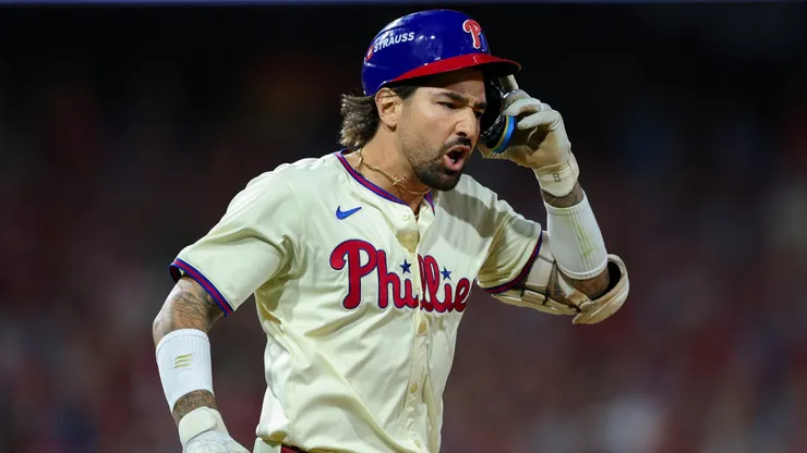 Nick Castellanos #8 of the Philadelphia Phillies reacts after hitting a walk-off single in the ninth inning against the New York Mets at Citizens Bank Park on October 6, 2024 in Philadelphia, Pennsylvania.