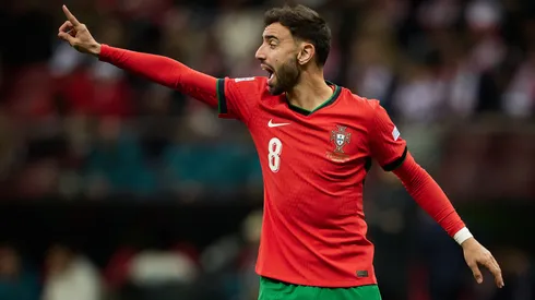 Bruno Fernandes of Portugal reacts during the UEFA Nations League 2024/25 League A Group A1 match between Poland and Portugal at PGE Narodowy on October 12, 2024 in Warsaw, Poland.