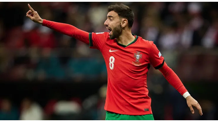 Bruno Fernandes of Portugal reacts during the UEFA Nations League 2024/25 League A Group A1 match between Poland and Portugal at PGE Narodowy on October 12, 2024 in Warsaw, Poland.