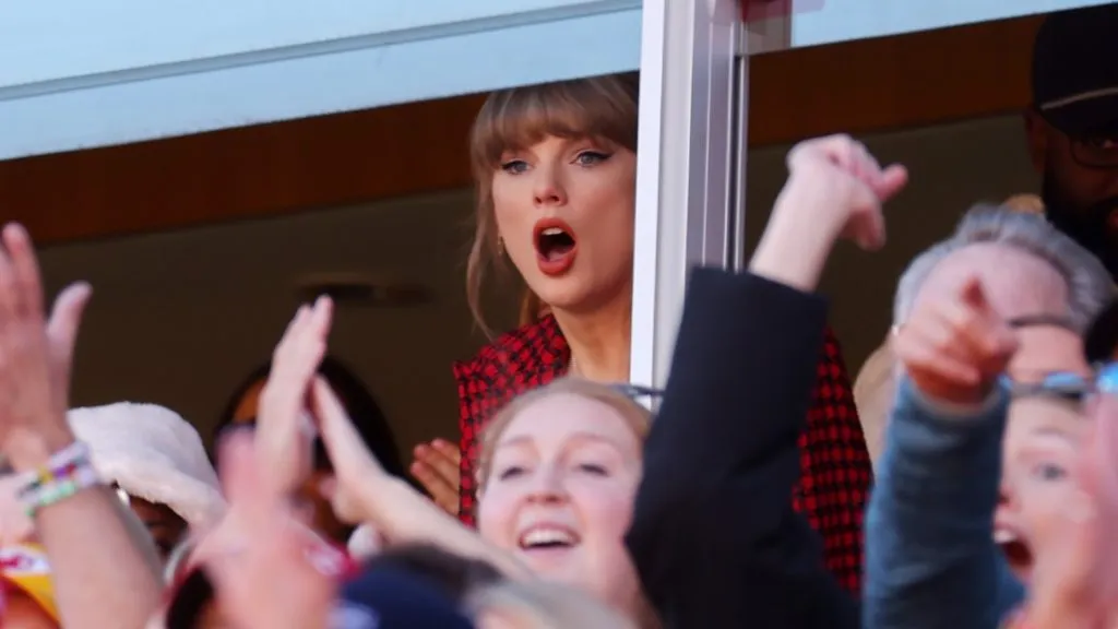 Taylor Swift reacts while watching the first half of game between the Kansas City Chiefs and the Denver Broncos at GEHA Field at Arrowhead Stadium on November 10, 2024. (Source: Jamie Squire/Getty Images)
