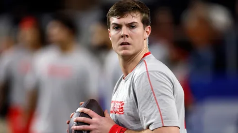 Will Howard #18 of the Ohio State Buckeyes warms up before the Goodyear Cotton Bowl against the Texas Longhorns at AT&T Stadium on January 10, 2025 in Arlington, Texas.