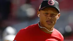 Quarterback Joshua Dobbs #5 of the San Francisco 49ers looks on during warmups before playing the New York Jets at Levi's Stadium on September 09, 2024.