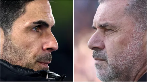 Mikel Arteta, Manager of Arsenal (L) and Ange Postecoglou, Manager of Tottenham Hotspur