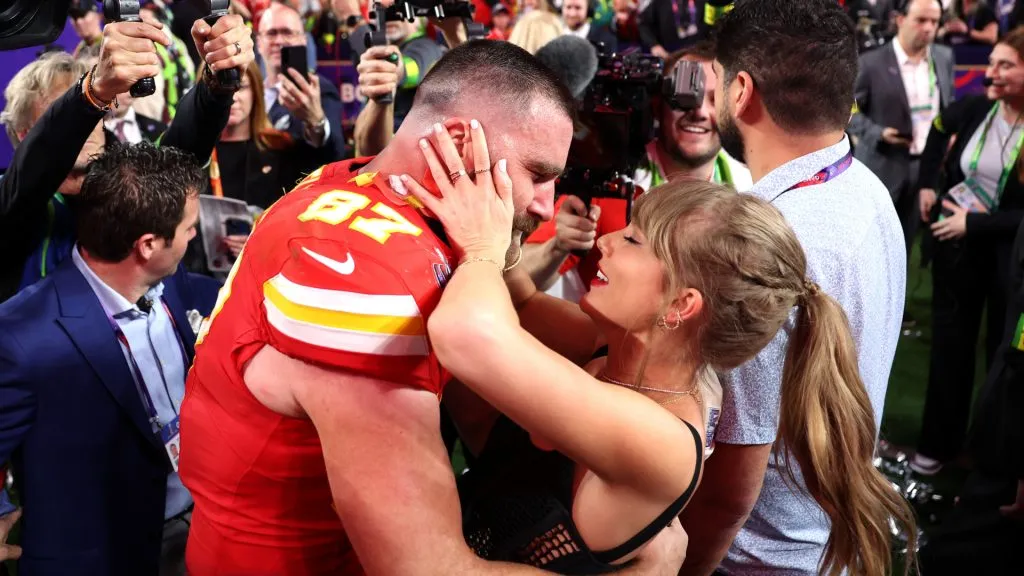 Travis Kelce and Taylor Swift celebrate after the Kansas City Chiefs’ 2024 Super Bowl win