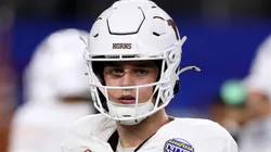Arch Manning #16 of the Texas Longhorns warms up before the Goodyear Cotton Bowl against the Ohio State Buckeyes at AT&T Stadium on January 10, 2025 in Arlington, Texas.