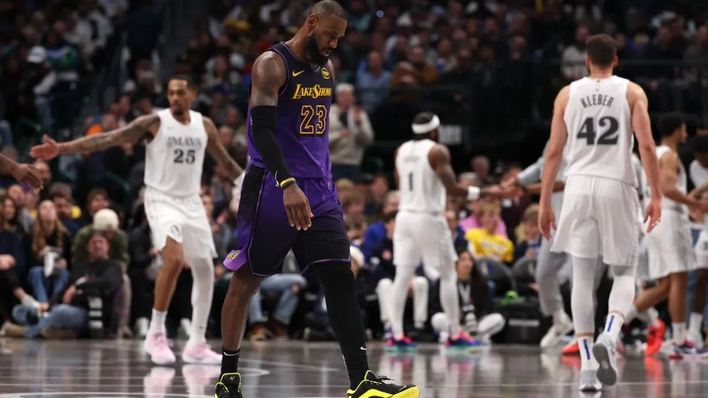 LeBron James #23 of the Los Angeles Lakers walks on the court during the third quarter of the game against the Dallas Mavericks at American Airlines Center. (Sam Hodde/Getty Images)