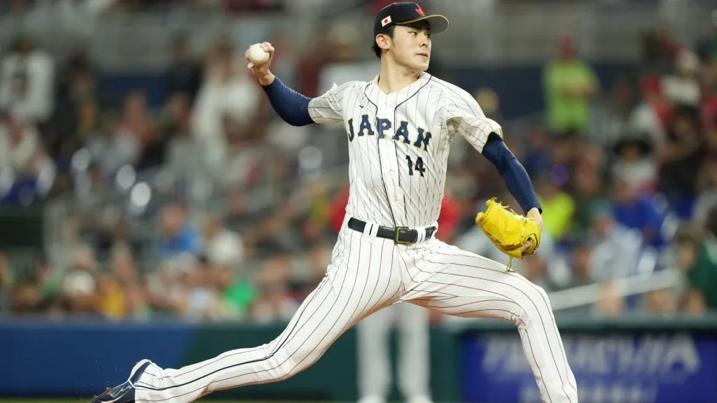 Roki Sasaki #14 of Team Japan pitches in the first inning against Team Mexico during the World Baseball Classic Semifinals at loanDepot park on March 20, 2023 in Miami, Florida. (Photo by Eric Espada/Getty Images)