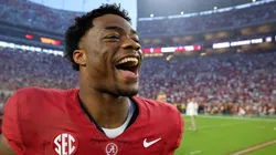 Jalen Milroe #4 of the Alabama Crimson Tide reacts after their 34-20 win over the Tennessee Volunteers at Bryant-Denny Stadium on October 21, 2023 in Tuscaloosa, Alabama.