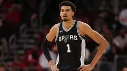 Victor Wembanyama #1 of the San Antonio Spurs reacts against the Chicago Bulls.