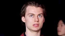 Connor Bedard of the Chicago Blackhawks looks on during the first round of the 2024 Upper Deck NHL Draft at Sphere on June 28, 2024 in Las Vegas, Nevada.