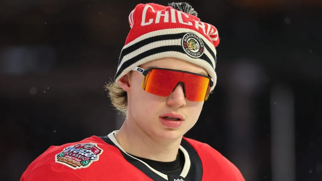 Connor Bedard #98 of the Chicago Blackhawks warms up prior to the 2024 NHL Winter Classic against the St. Louis Blues at Wrigley Field on December 31, 2024 in Chicago, Illinois.