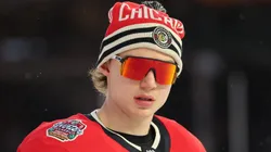 Connor Bedard #98 of the Chicago Blackhawks warms up prior to the 2024 NHL Winter Classic against the St. Louis Blues at Wrigley Field on December 31, 2024 in Chicago, Illinois.