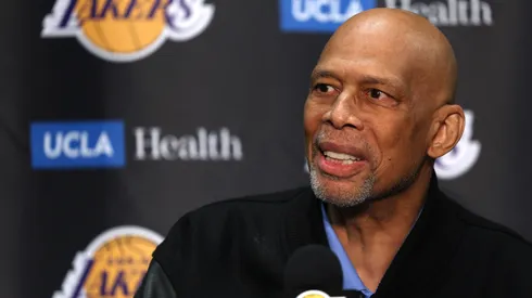 Kareem Abdul-Jabbar speaks during a press conference.